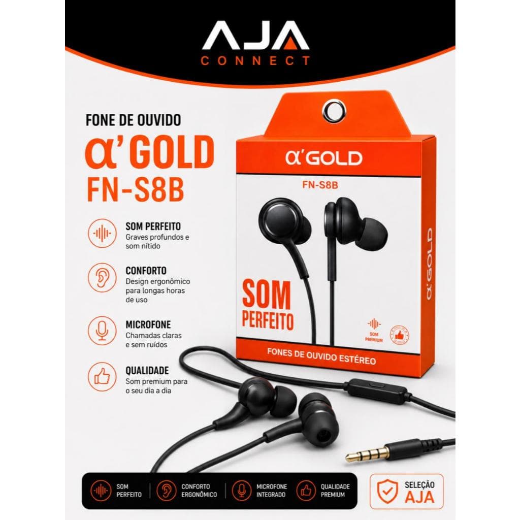 Fone de Ouvido A’GOLD FN-S8B com Fio Microfone Extra Bass Estéreo Intra-Auricular