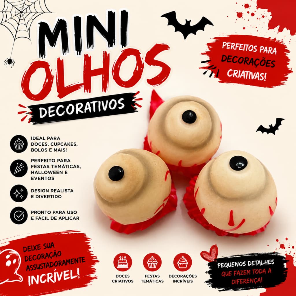 Mini Olhos Decorativos Halloween | Enfeite para Decoração Temática, Painéis, Cenários e Festas