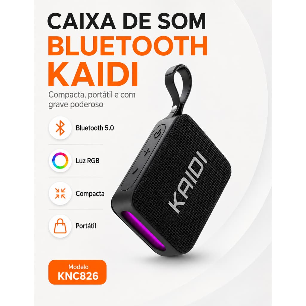 Caixa de Som Bluetooth Kaidi Original Portátil Grave Poderoso + Iluminação RGB 6h de Bateria