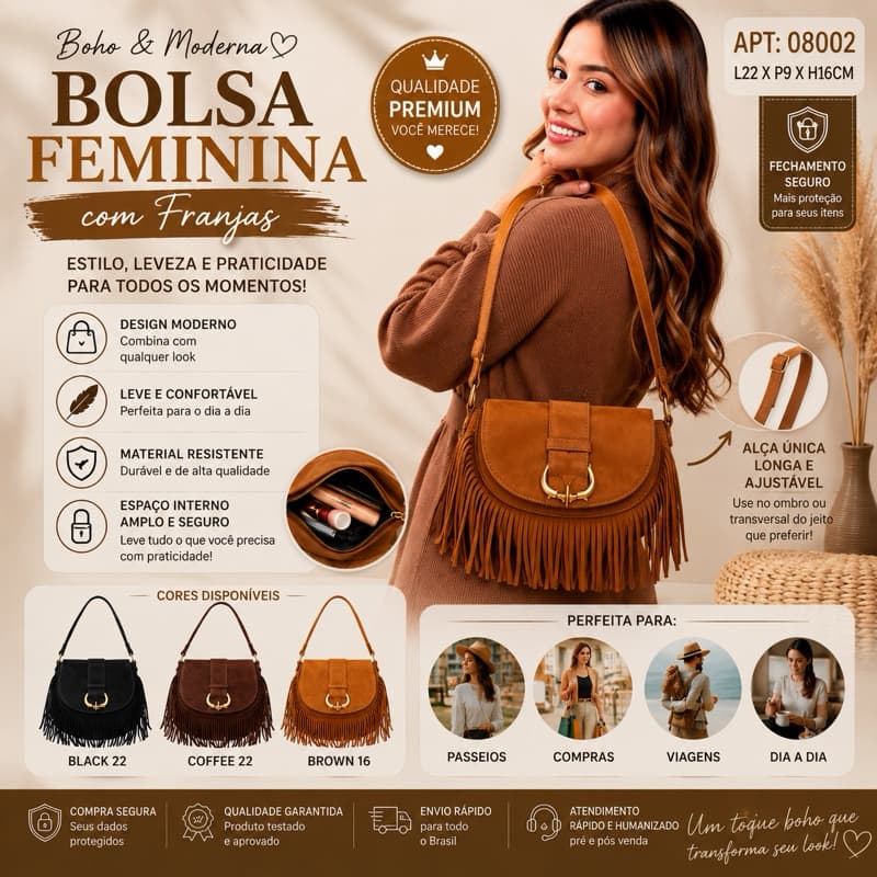 Bolsa Feminina Boho com Franjas | Transversal  | Alça Longa Ajustável | Casual Fashion | APT 08002