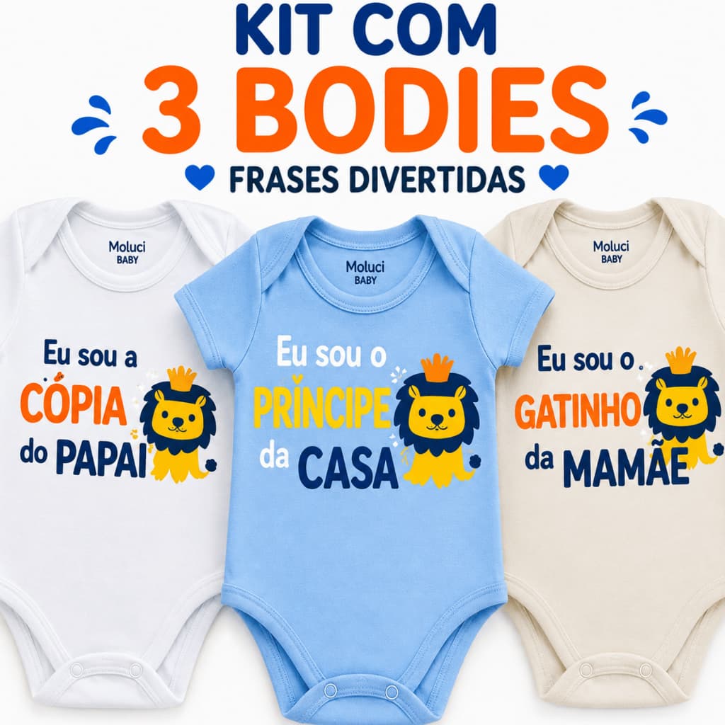 Body Bebê Menino Frases Divertidas Kit 3 Peças Temático Verão 100% Algodão Roupa Enxoval RN P M G