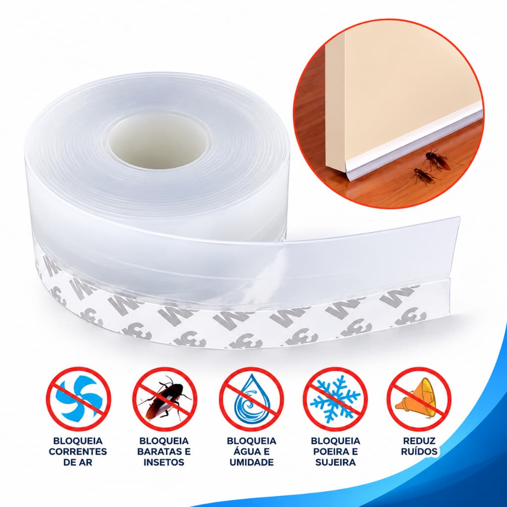 Fita Vedável Veda Vedante 3M Fresta Porta Janela Transparente 5m X 35mm Universal Multiuso