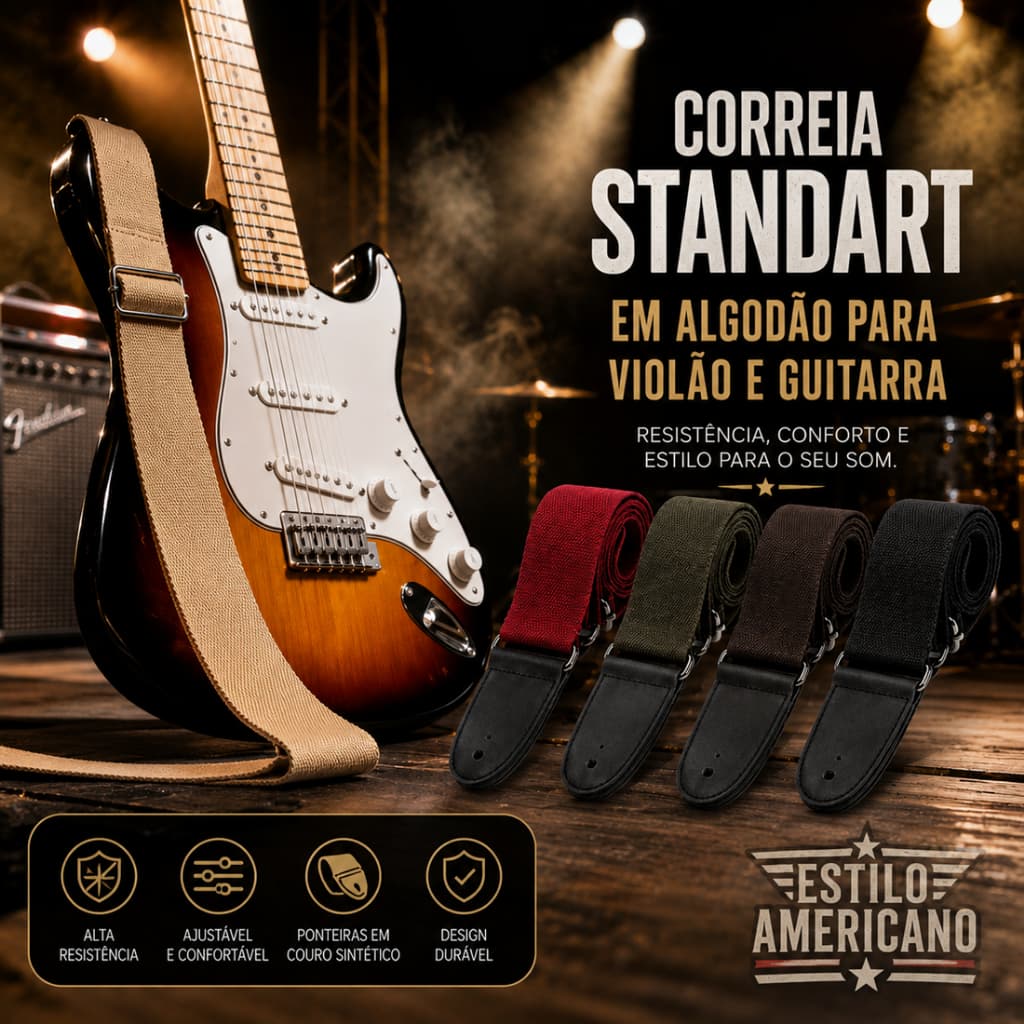 Correia para Violão e Guitarra em Algodão Ajustável com Design Clássico Confortável Ponteiras Reforçadas Cores Variadas.