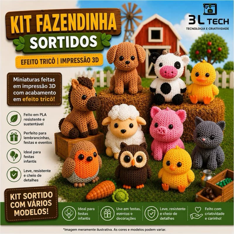 Kit 50 Mini Bichinhos Fazendinha Efeito Tricô 3 a 5cm – Decoração Infantil | Lembrancinhas | Festas infantis