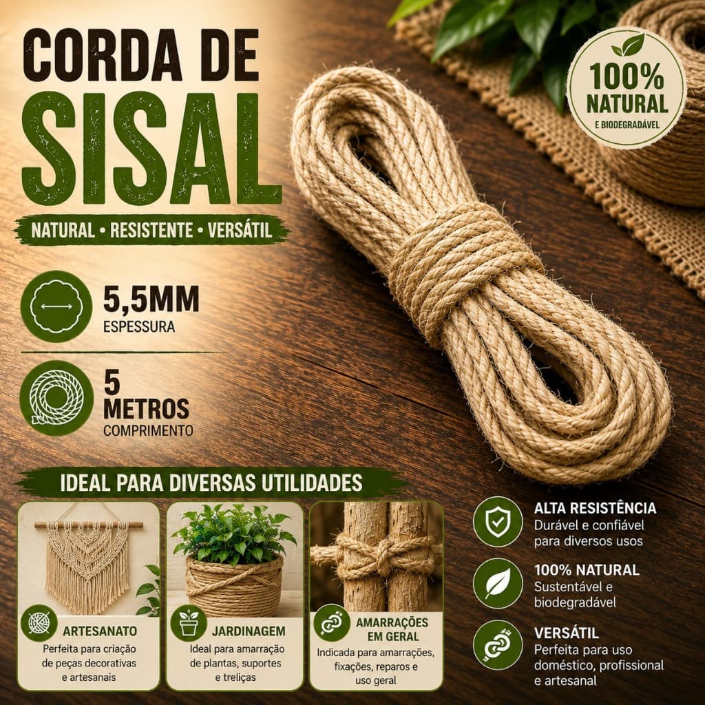 Fio de Sisal 5,5mm 5 Metros Corda Natural Resistente para Artesanato Decoração e Arranhador de Gato