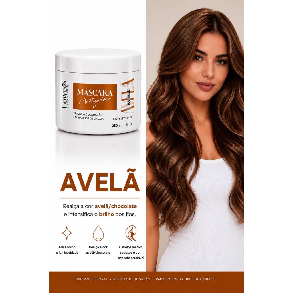 Lowe Cosméticos Máscara Matizadora Avelã Premium 250g - Intensifica Cor, Hidrata e Realça Brilho Espelhado para Cabelos