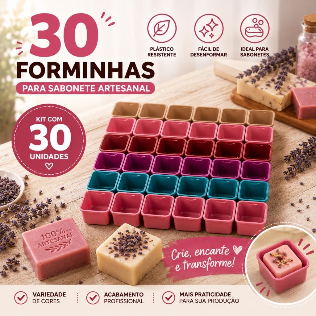 Kit 30 Formas Sabão e Sabonete Artesanal 250ml Plástico Reforçado Molde Barra Multiuso Com Tampa