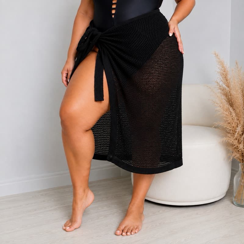 Saida de Praia Pareô Canga Plus Size Feminina Saia Midi Moda Crochê Tricô Fenda Lateral Ajustável