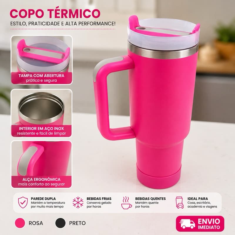 Copo Térmico com Alça – Parede Dupla em Aço Inox rosa | Ideal para Bebidas Quentes e Geladas