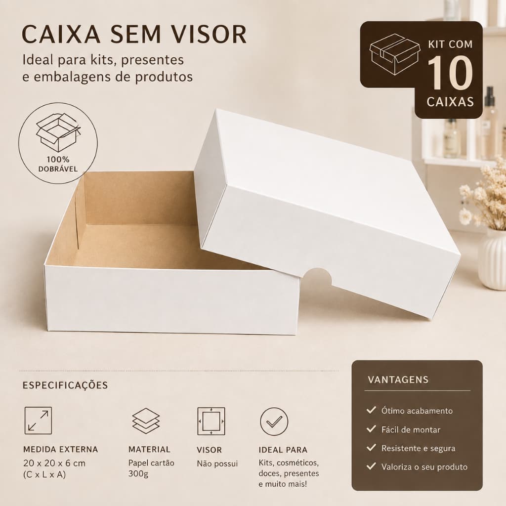 Kit 10 Caixas de Presente Sem Visor Com Tampa - 20x20x6cm Caixa Fechada