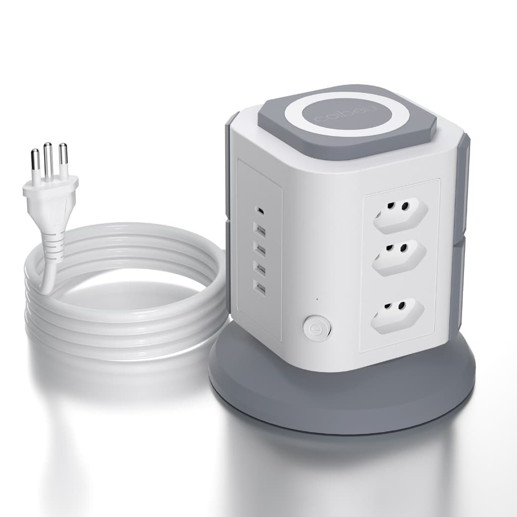 Multiplug Torre Vertical 9 Tomadas Padrão Brasil USB Tipo C, Extensão 2m Proteção Sobrecarga 2200W