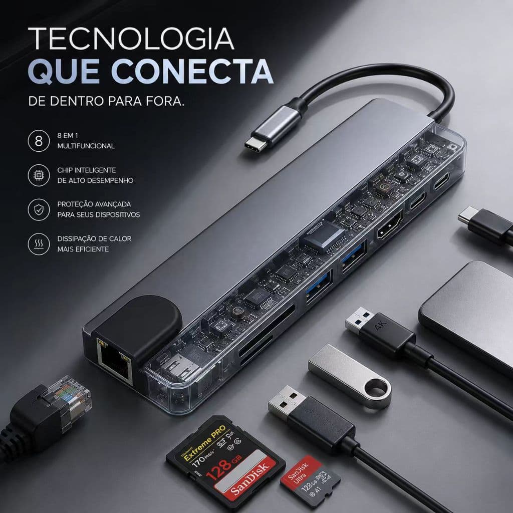 Hub USB Tipo C 8 Em 1 Multiporta HDMI 4K RJ45 Leitor SD TF Adaptador Para Notebook e Computador Pessoal