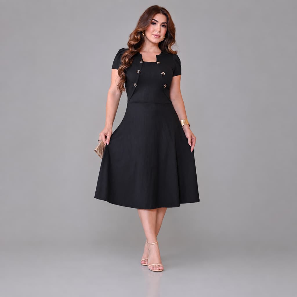 Vestido Midi Feminino Evasê Cintura Marcada com Botões Elegante