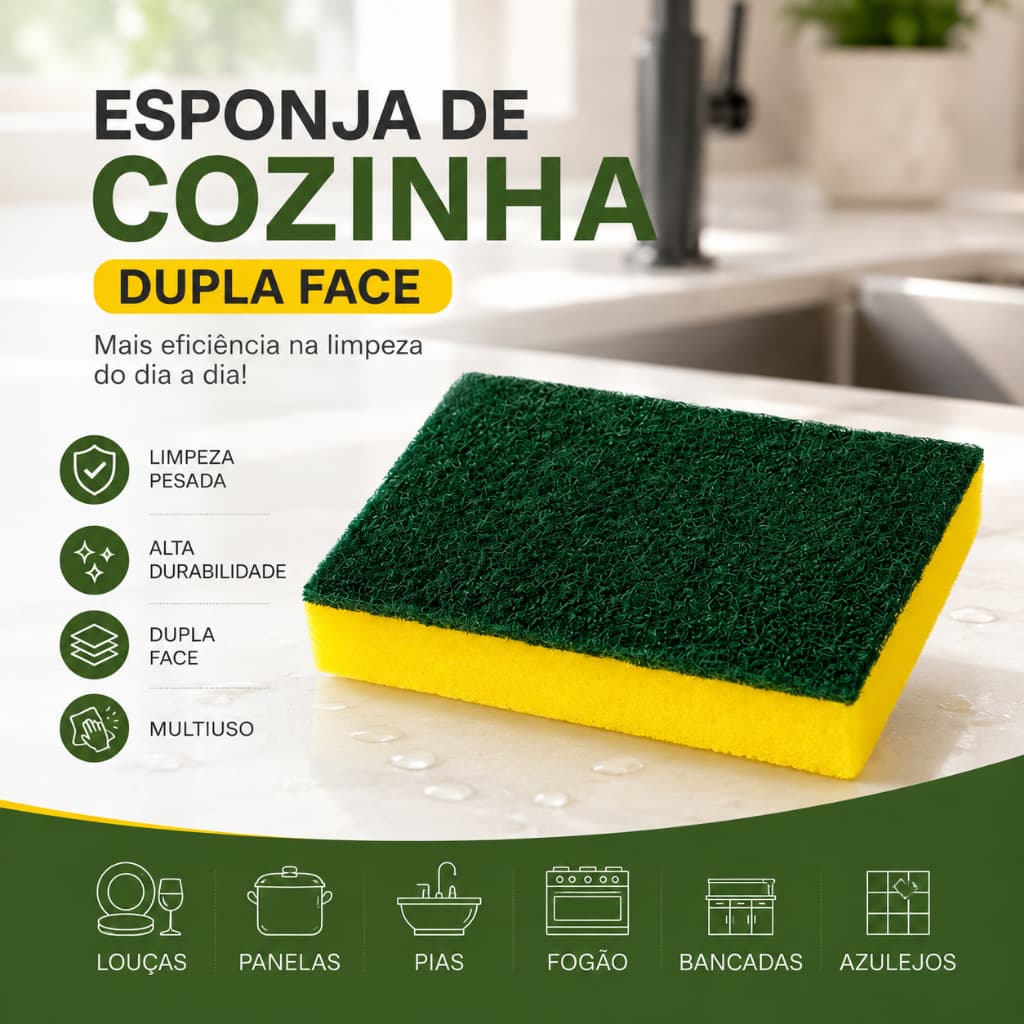Esponja Dupla Face Bucha Lavar Louça Limpeza Pesada Multiuso Casa Cozinha Banheiro Resistente Lar