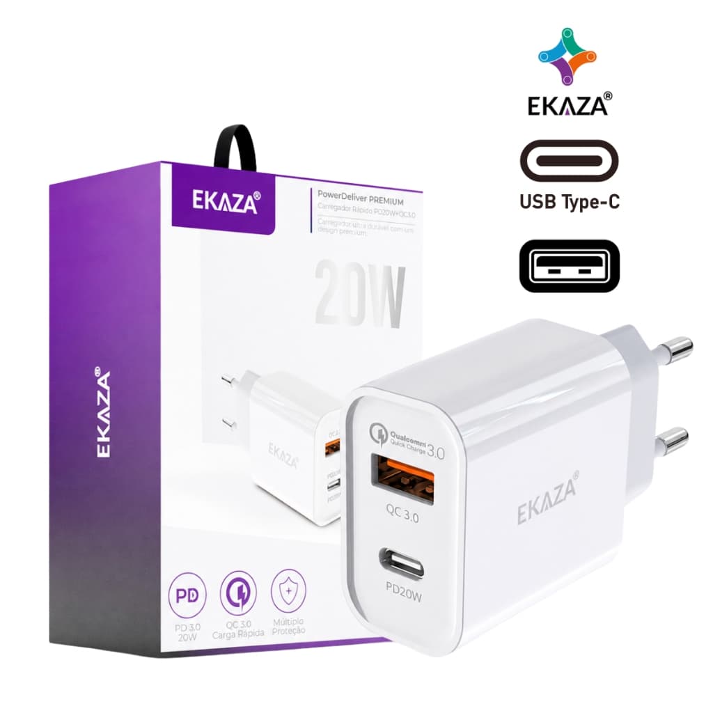 Carregador Super Rápido Turbo 20w Fonte 5V 3A Usb-c QC 3.0 Ekaza