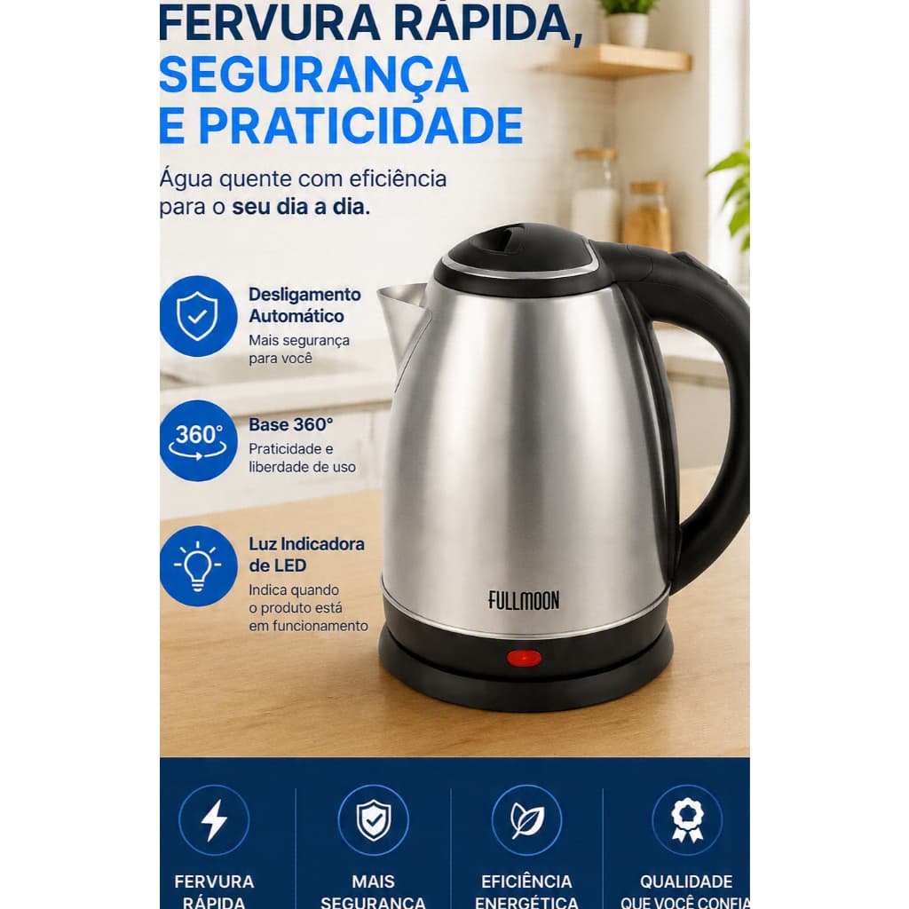 Chaleira Elétrica Inox 1.8L / 2L  Fervura Rápida Desligamento Automático 220v