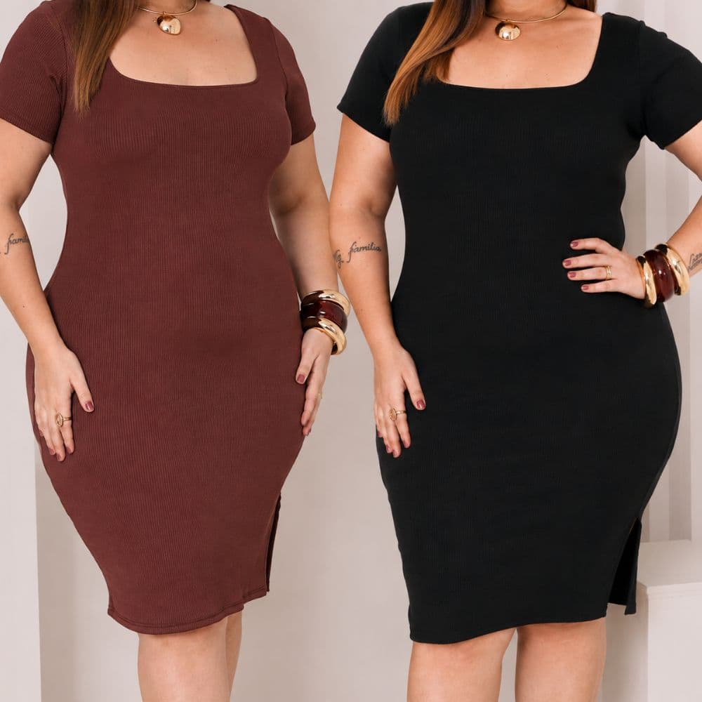 Vestido Feminino Plus Size Tubinho Midi Canelado Gola Quadrada Manga Curta com Fenda GG G1 G2 G3