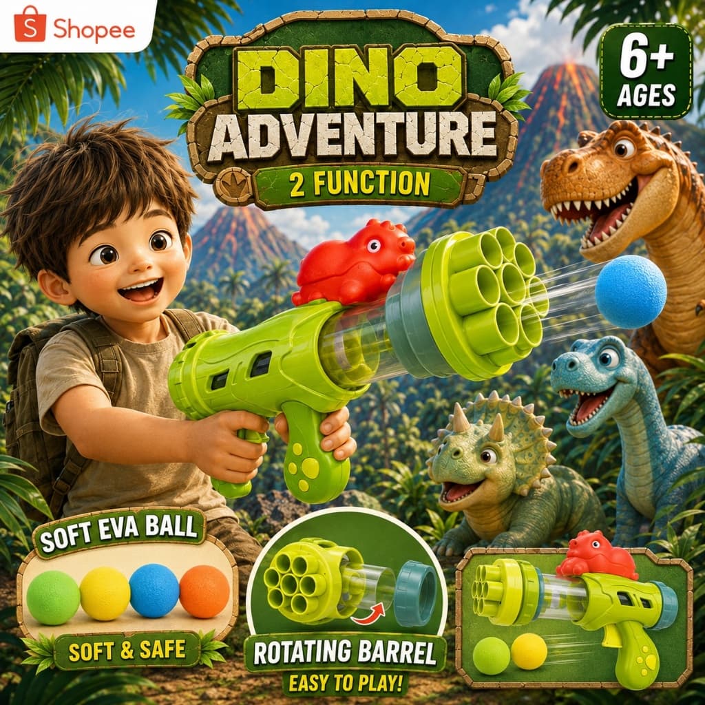 Brinquedo Lançador de Bolas de EVA com Dinossauro Verde e Vermelho