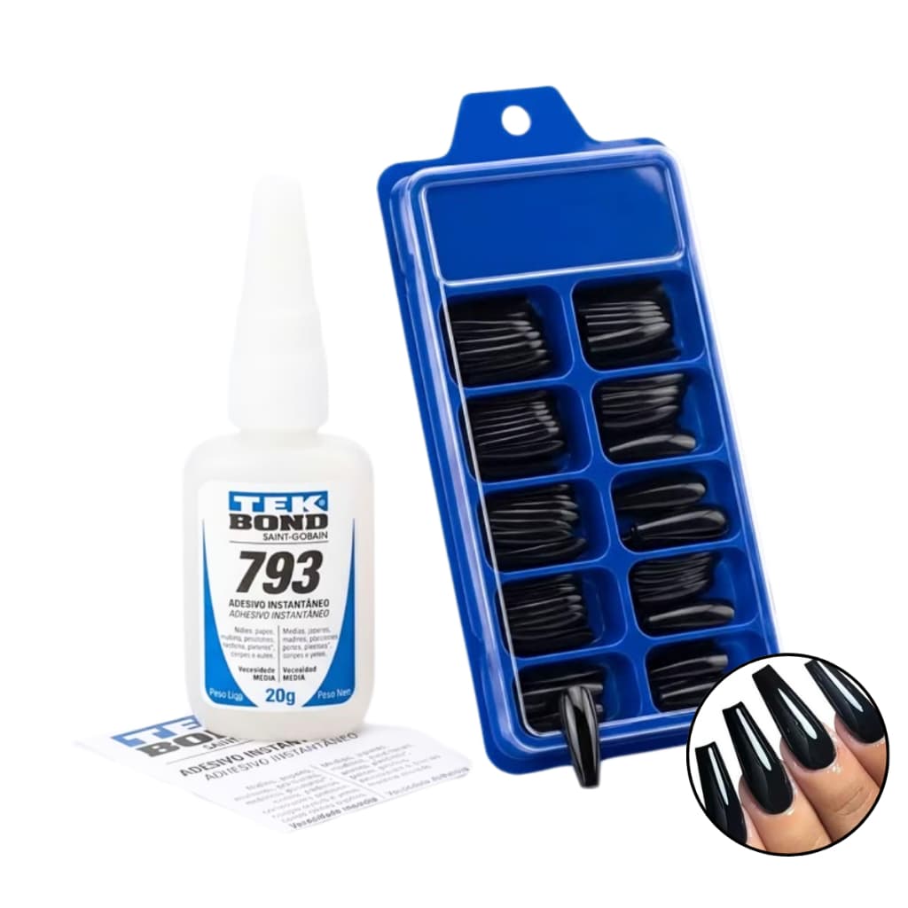 Kit 100 Tips Unhas Postiças Pretas + Cola Tek Bond 20g Longas Bailarina Realista Manicure