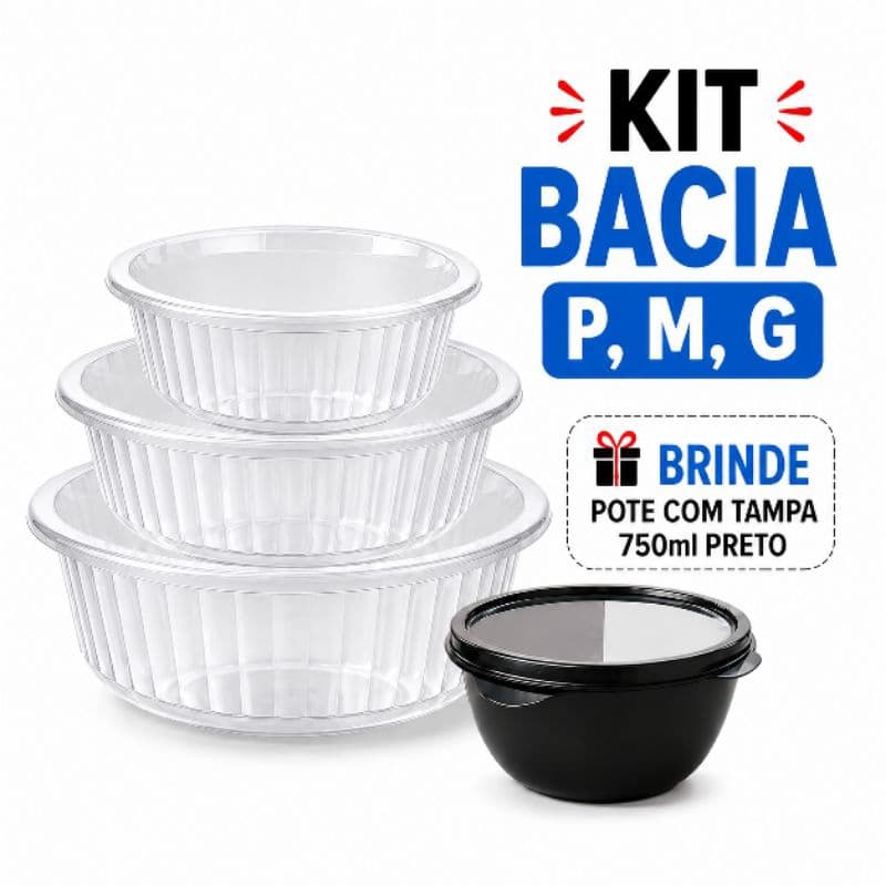 Kit Bacias Plásticas canelado  P, M e G + Pote 750ml com Tampa Grátis Multiuso Cozinha Organização Resistente  BPA Free
