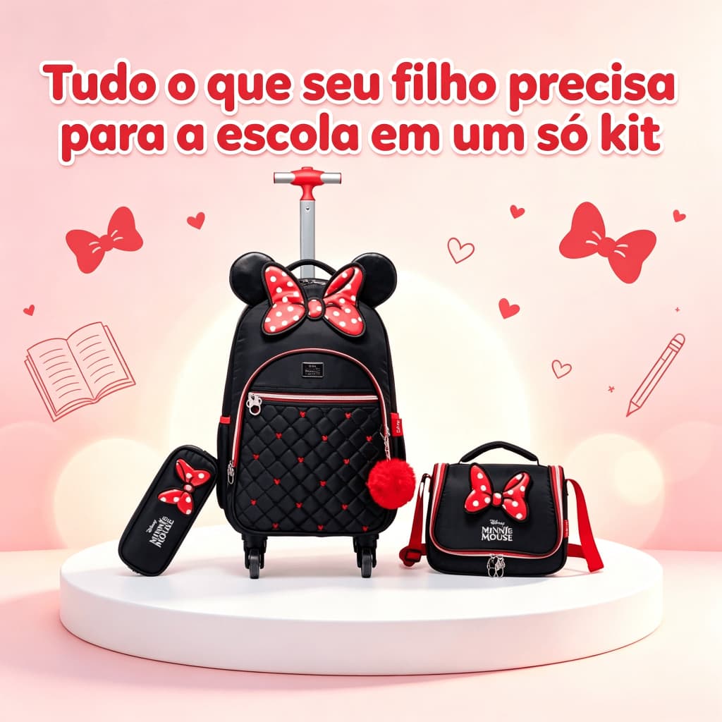Kit Mochila de Rodinhas Minnie Disney Infantil Escolar com Lancheira e Estojo