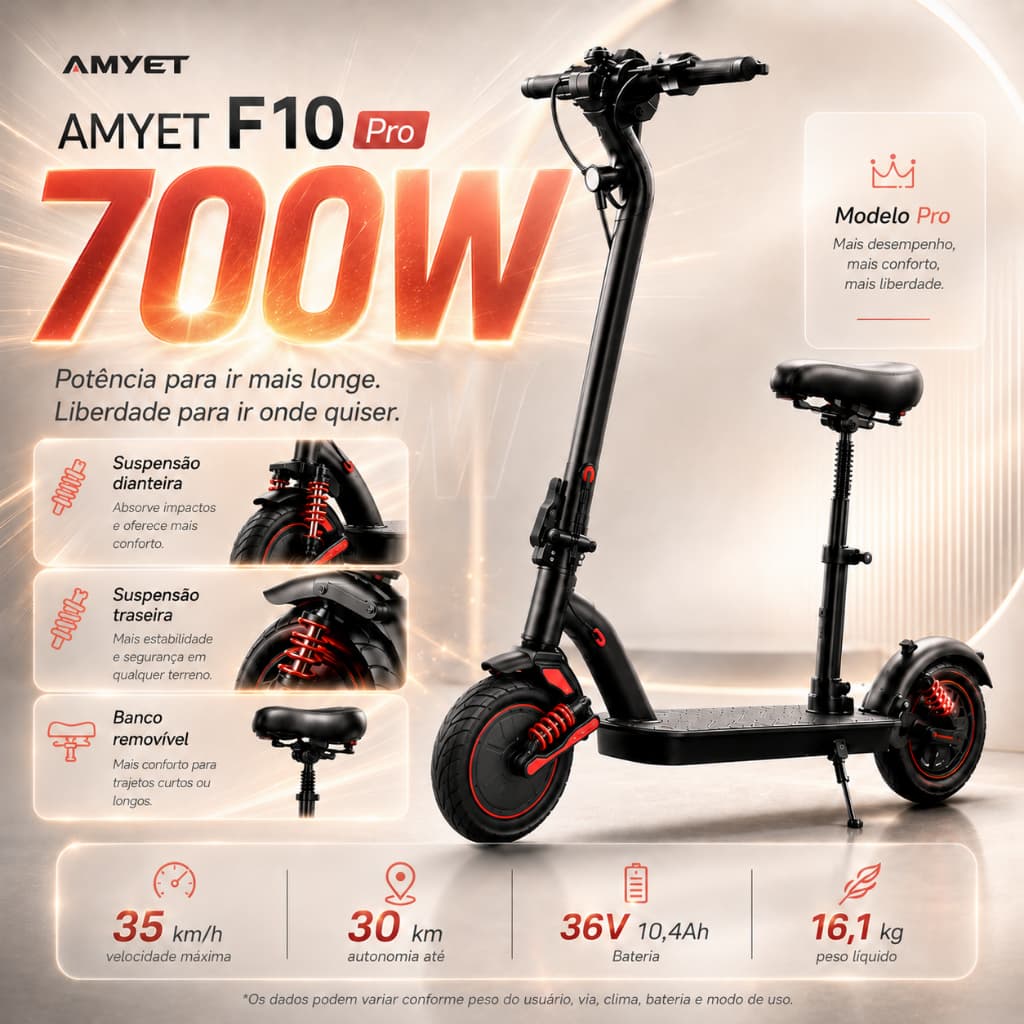 Patinete Elétrico Amyet F10 Pro 700W Aro  Dobrável Adulto Com App Bluetooth E Alta Autonomia