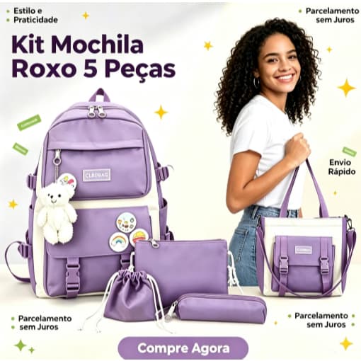 Kit 5 peças: Mochila escolar, mochila para trabalho, amplo espaço com compartimentos divididos, mochila multifuncional