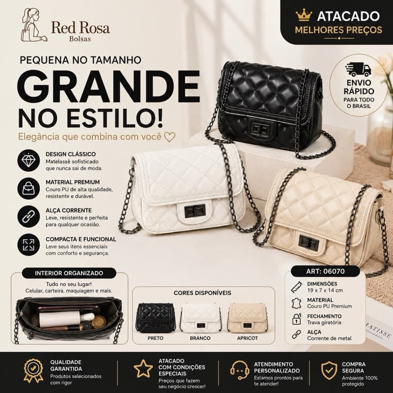 Bolsa Feminina Matelassê Pequena Transversal com Corrente – Elegante, Compacta e Moderna 06070
