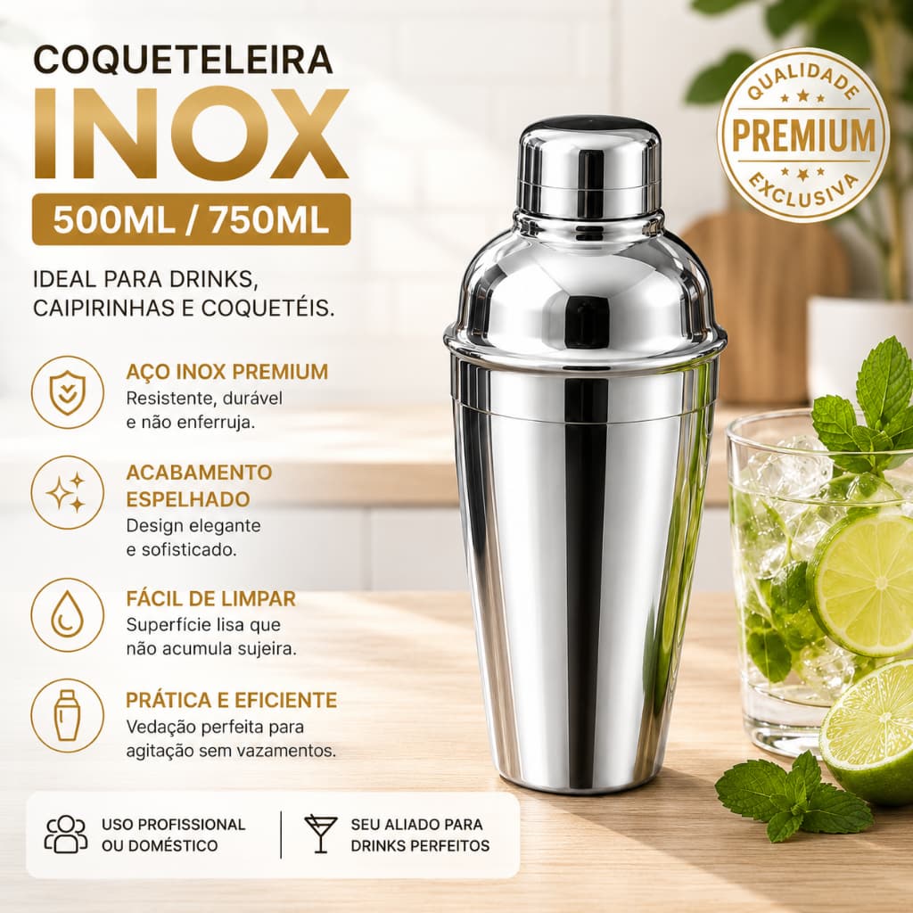 Coqueteleira Inox 500/750ml Para Drinks Bebidas Sucos Caipirinha Bar Filtro Integrado Bartender
