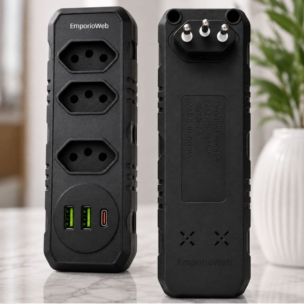 Adaptador de Tomada Benjamin 3 Entradas 2 USB 1 USB-C Parede Adaptador Régua Compacta Extensão Vertical e Horizontal 3T