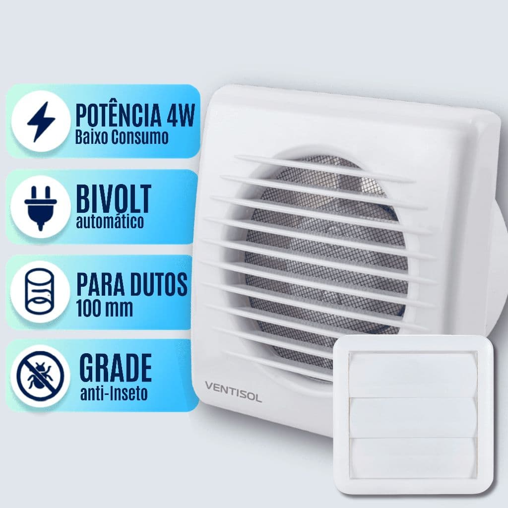 Exaustor De Banheiro 10cm 100mm Ventisol Bivolt Kit Veneziana Grade Anti Insetos Silencioso