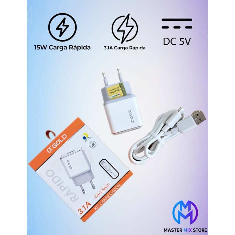Carregador Tipo C 3.1 A 15W A’Gold CA43-3- Cabo Tipo C x USB - Carga Rápida