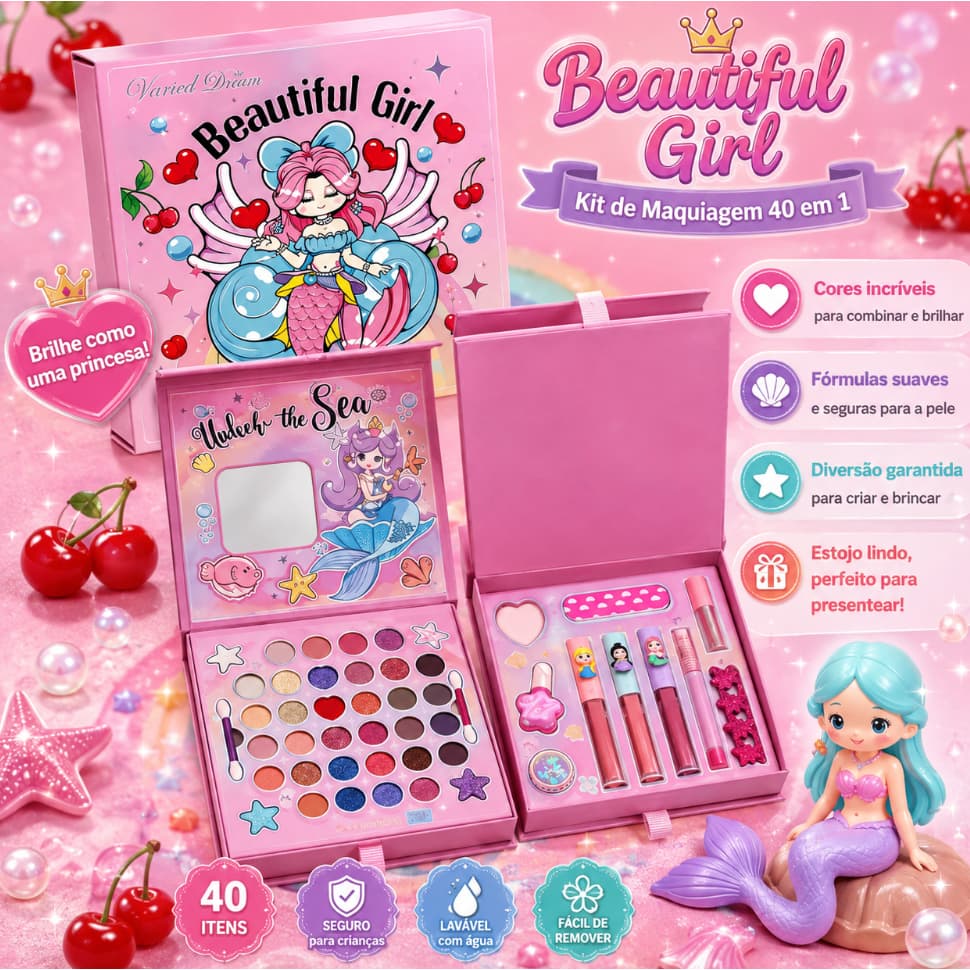 Kit Maquiagem Maleta de Maquiagem Infantil 40 em 1 Sereia & Bear Kit Completo Com Espelho