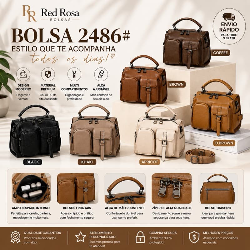 Bolsa Feminina 2486 Transversal e de Mão em Couro PU | Multi Bolsos | Alça Ajustável