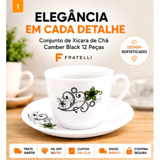 Conjunto 6 Xícaras de Chá com 6 Pires Camber Black Branco 220ml Fratelli em Vidro Elegante