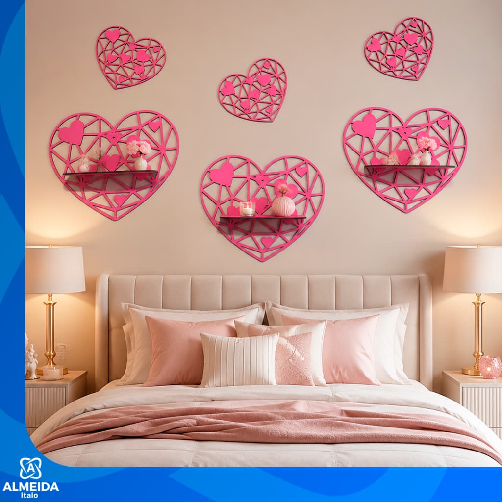Kit 3 Prateleiras Modelo Coração Decoração Sala Quarto Rosa Estilo e organização