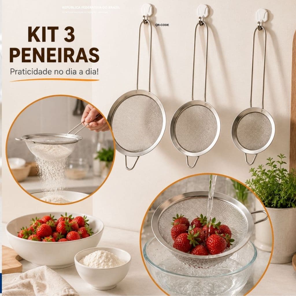 Kit 3 Peneiras Inox Malha Fina Coador 6cm 8cm 10cm Para Cozinha, Chá, Sucos