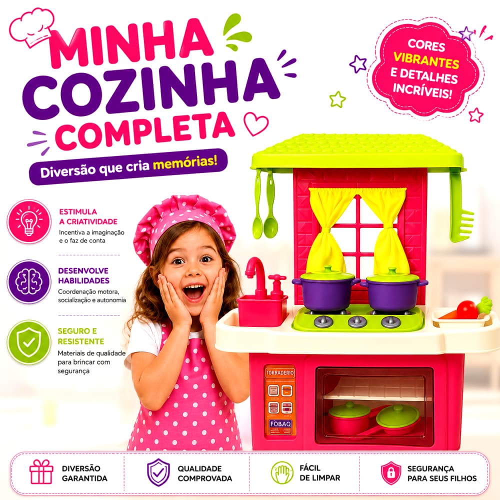 Kit Cozinha Infantil Completa Lua de Cristal com Fogão Forno Pia e Acessórios Educativo Crianças 3 Anos+