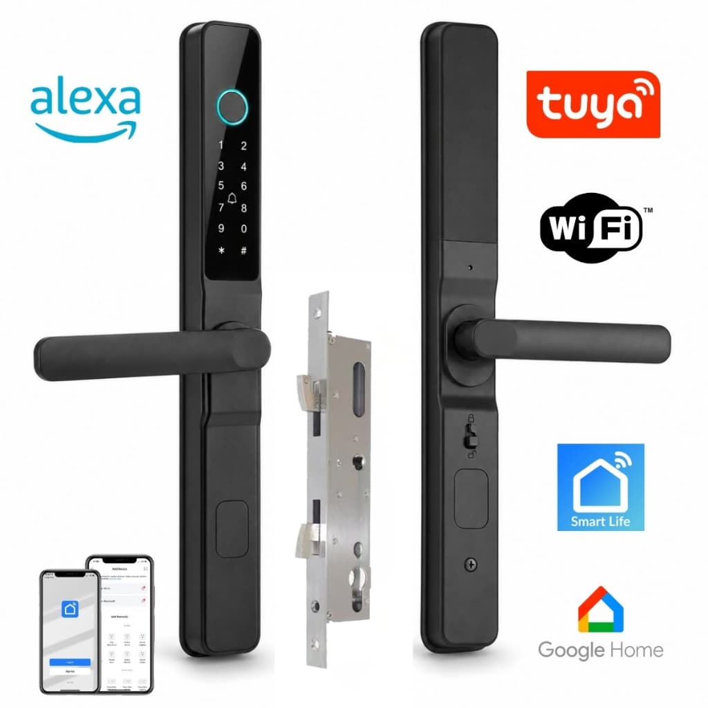 Fechadura Digital Porta Correr IP65 Vidro Alumínio Bico Papagaio Slim Wifi FD11B JWCom Prova Dagua