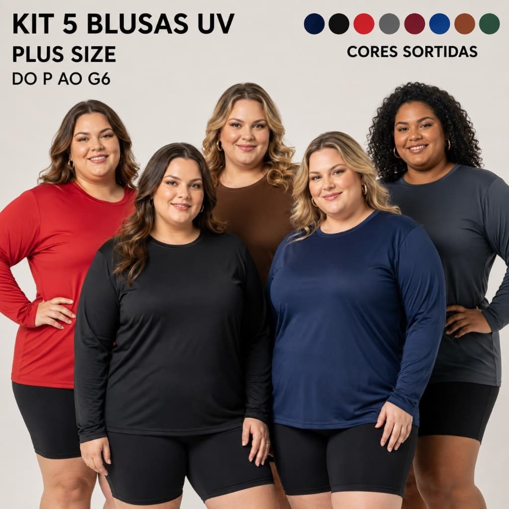 Kit 5 Blusas Uv Plus Size Feminina Proteção Térmica Cores Sortidas Verão Lançamento Segunda Pele