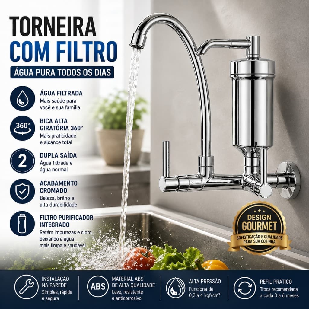 Torneira com Filtro de Parede Cromada 360° Dupla Saída Bica Alta + Refil Vela Carvão Ativado Cozinha