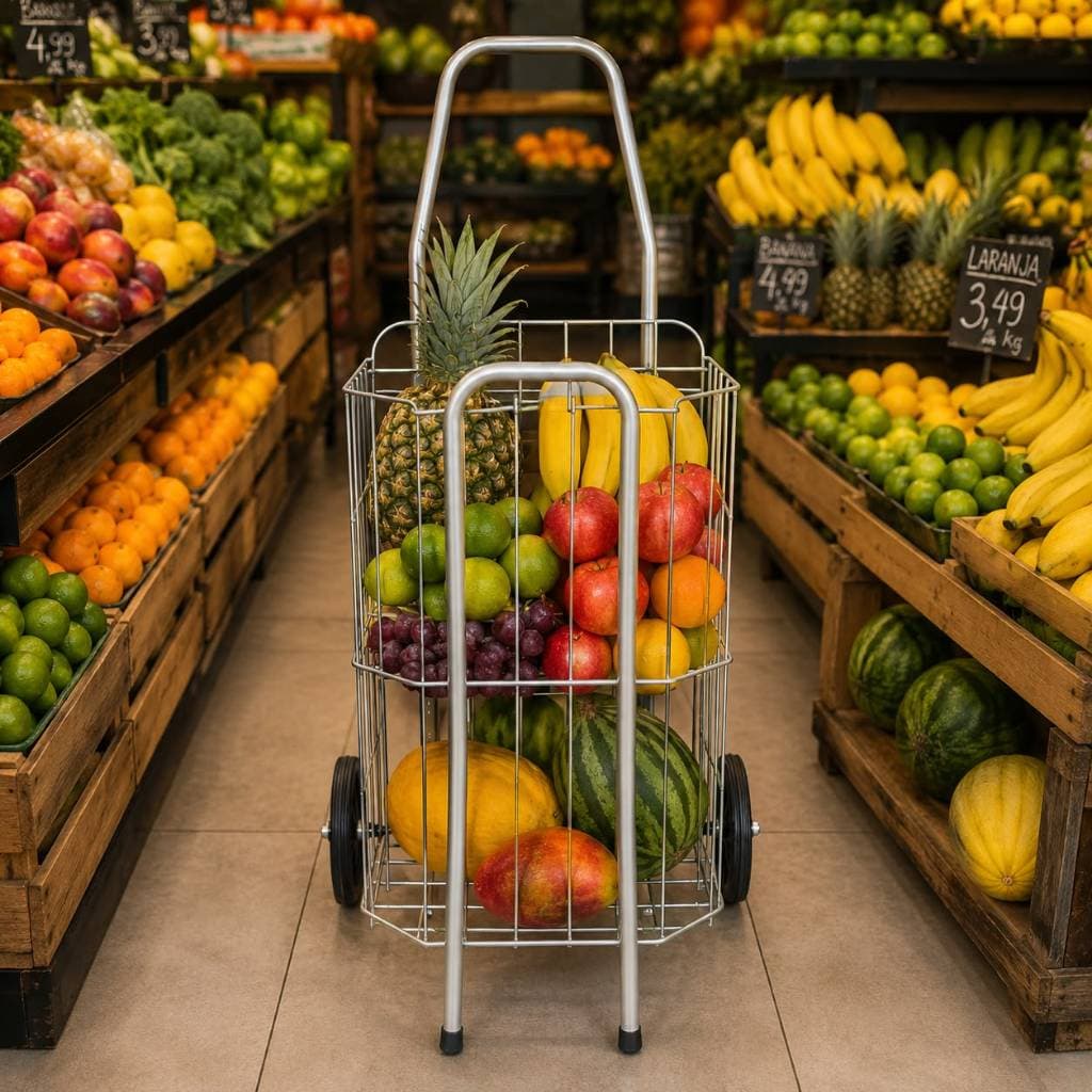 Carrinho de Feira Dobrável Prata Reforçado Portátil Para Compras Mercado Supermercado Sacolas Multiuso Resistente