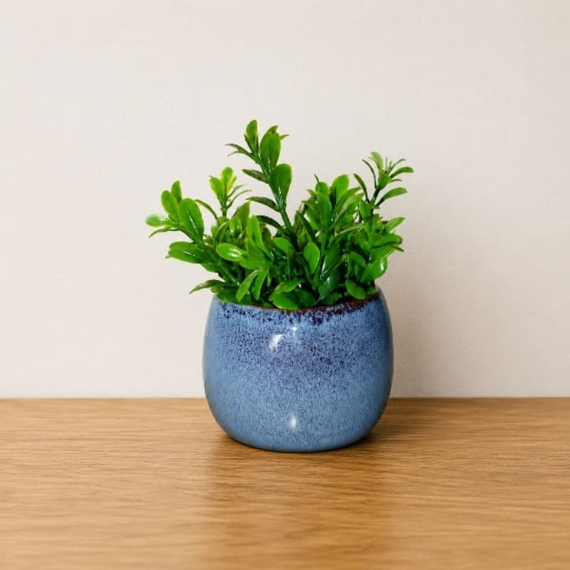 Vaso Decorativo Cerâmica Azul com Planta Artificial Mini Cachepot Decoração Sala Quarto Escritório Mesa Moderno