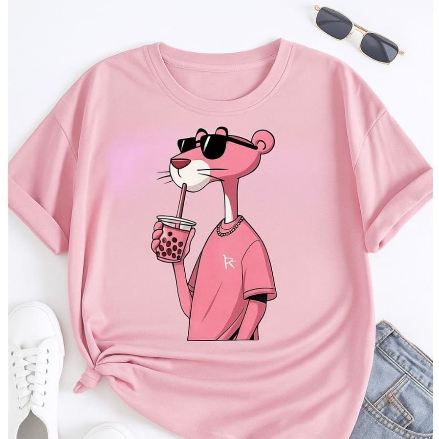 Camiseta Pantera Cor-de-Rosa Estampada Unissex T-Shirt Casual Confortável  Camisa Premium Malha 30.1 Feminina