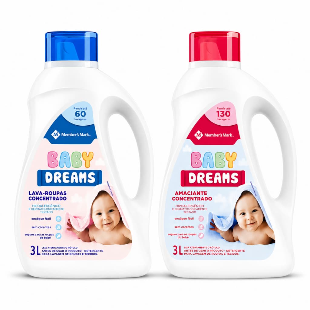 Kit Lava Roupas e Amaciante Baby Dreams Member's Mark 3L Hipoalergênico para Roupas de Bebê 2 Unidades