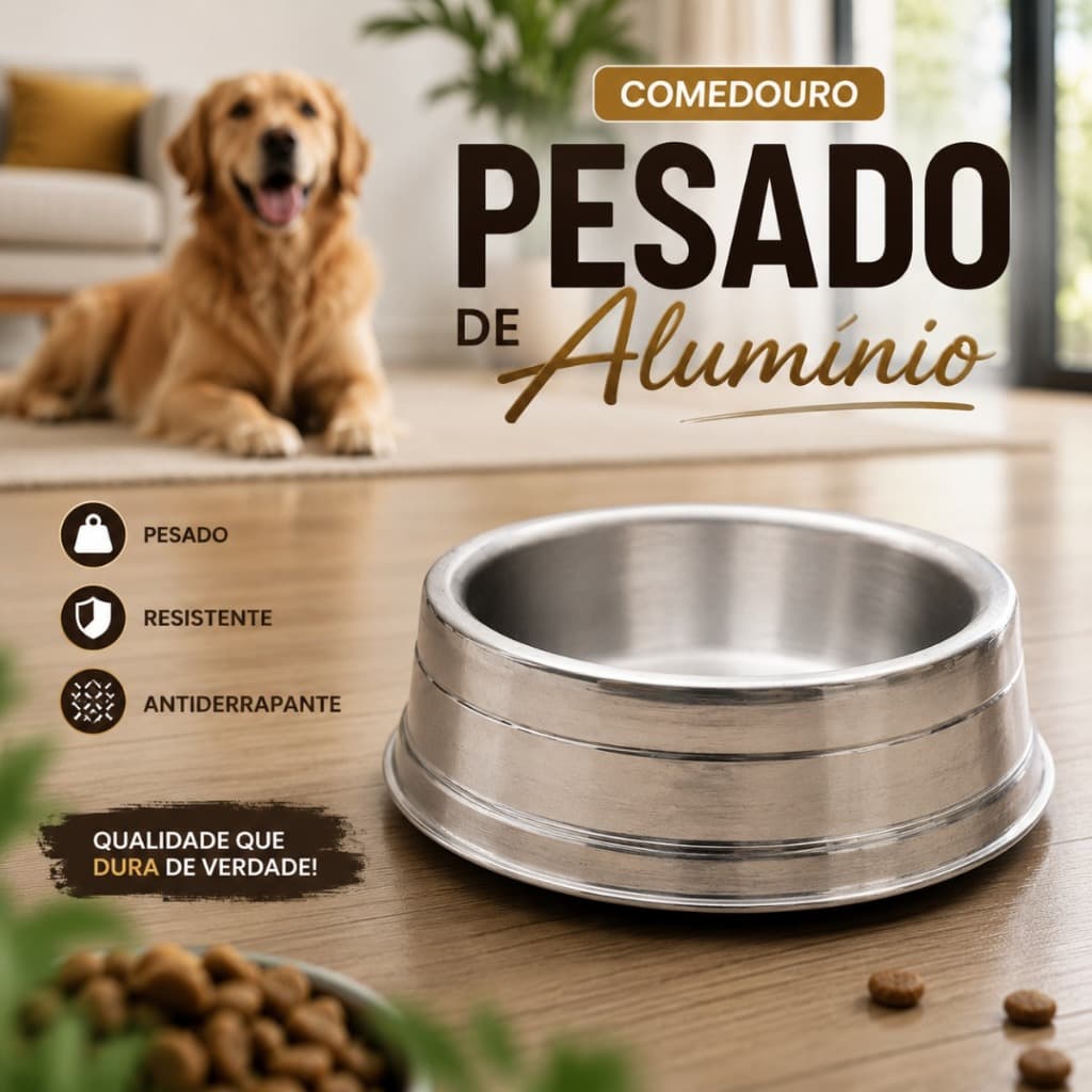 Comedouro Pesado Polido de Alumínio Antiderrapante Para Cães e Gatos Pote De Ração Resistente