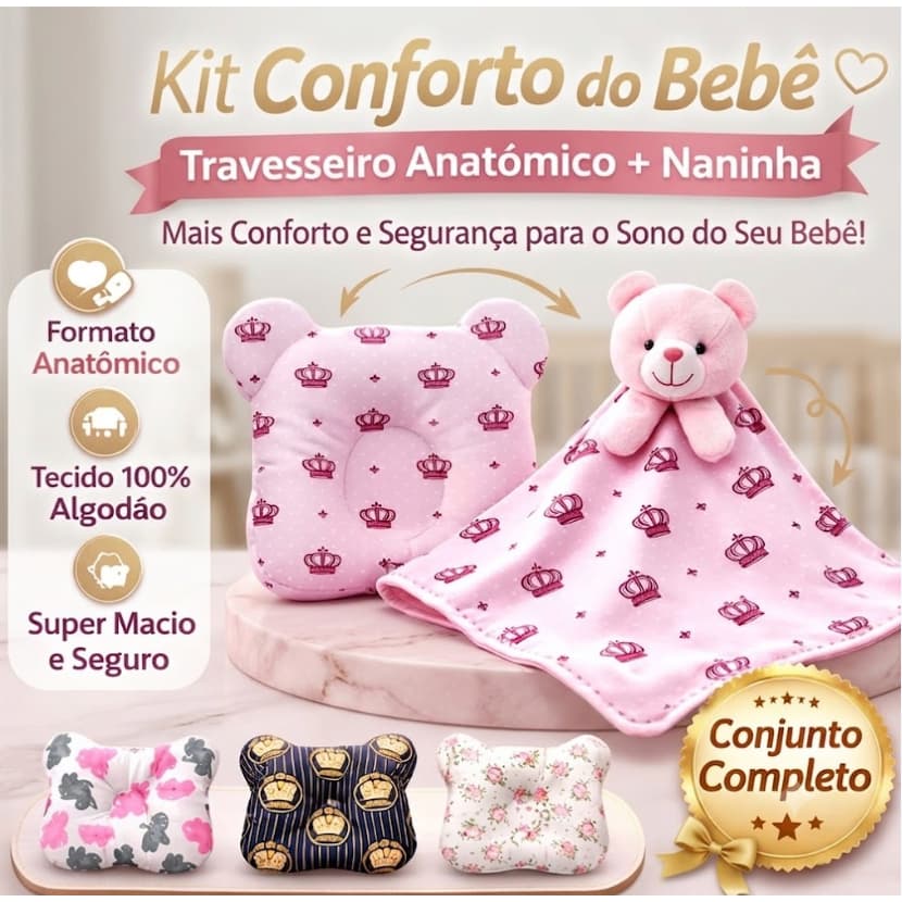 Kit Bebê Travesseiro Anatômico Anti Refluxo + Naninha 100% Algodão Conforto RN