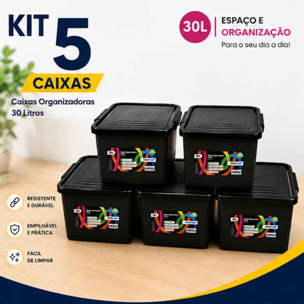 Kit Jogo 5 Caixas Cesto 30 Litros Caixa Organizadora Multiuso Pretas Com Tampa e Trava Organizador