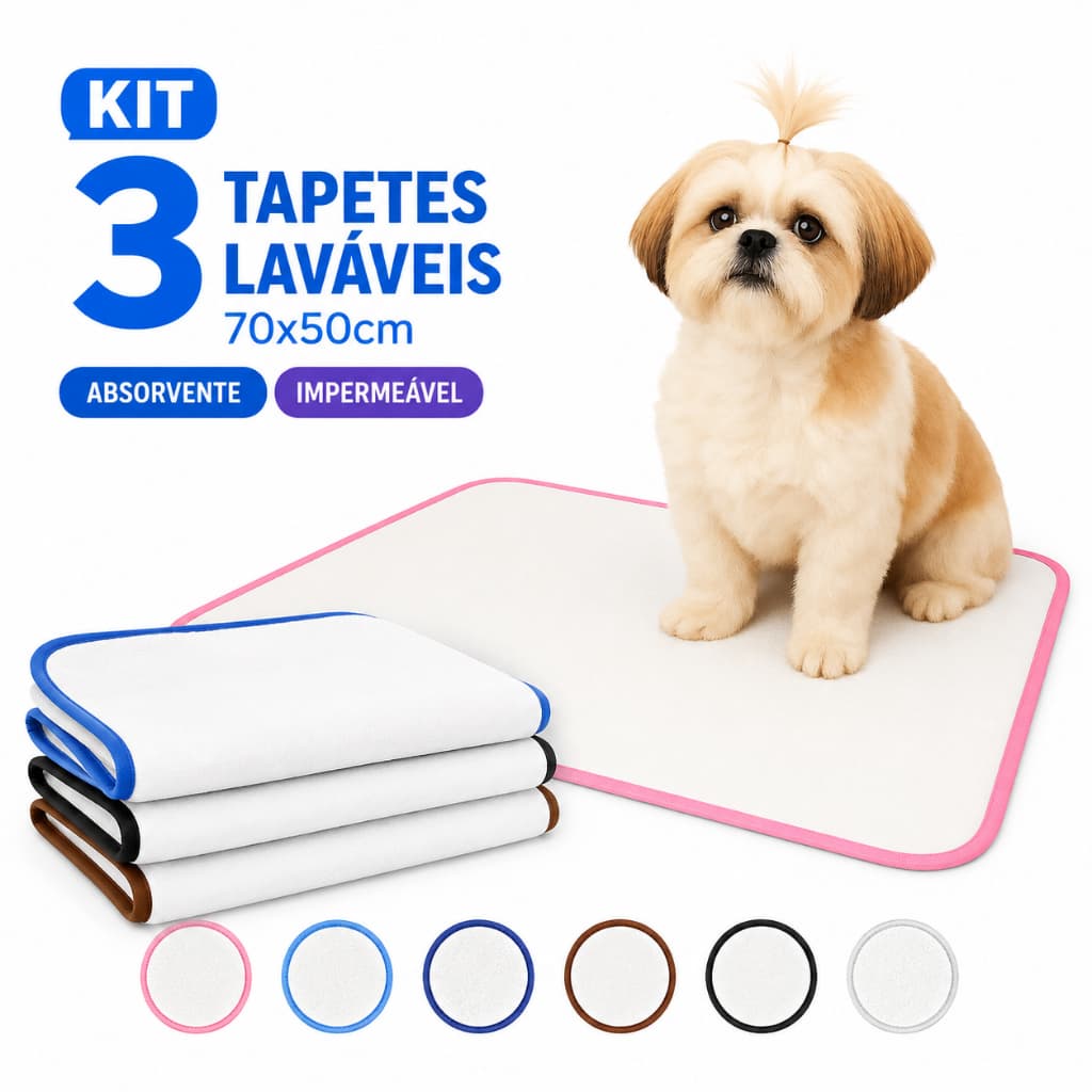 Tapete higiênico para cães - Kit com 3 tapetes laváveis. Absorvente e impermeável. Não vaza xixi 70x50cm