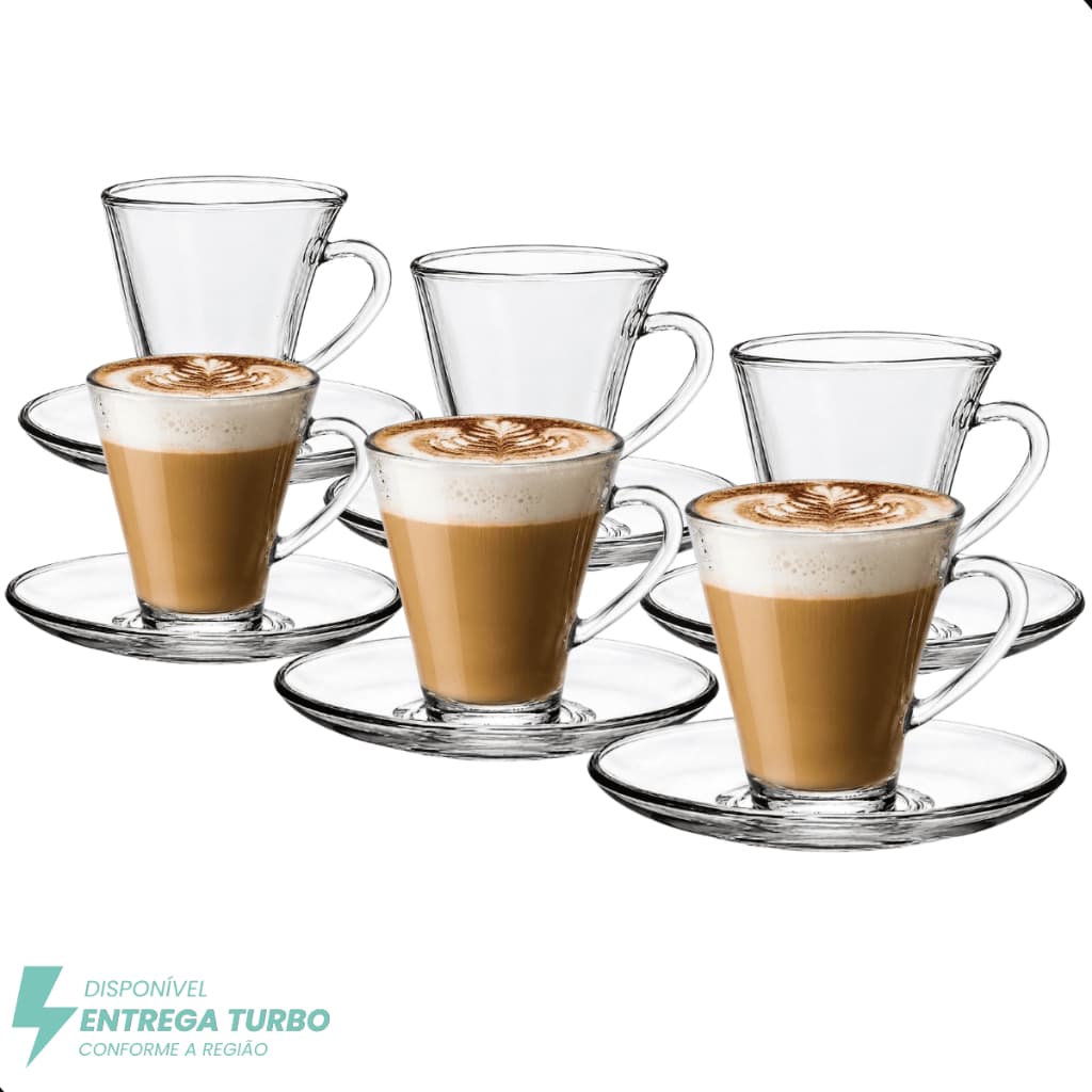 Jogo De Xícaras E Pires Em Vidro 12 peças 175ml Para Chá Café Mesa Posta